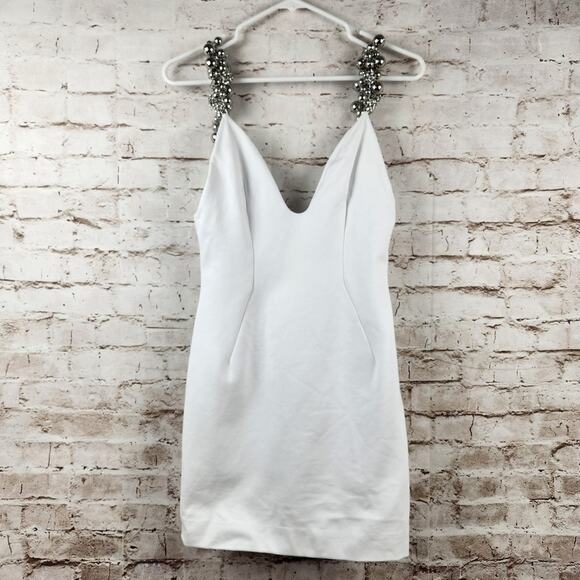 AREA Grape Cluster Dress in White Sleeveless Beaded Straps Medium Mini Deep V - Picture 4 of 14